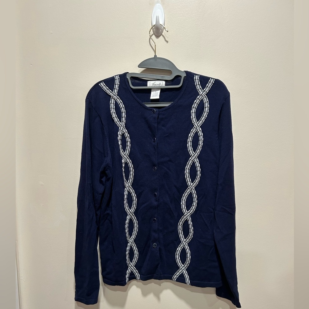Foxcroft Navy Blue Cardigan with White Accents